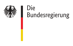 Logo der Deutschen Bundes-Regierung mit schwarzem Bundes-Adler, daneben schmalem, senkrechten Farb-Band 'Schwarz, Rot, Gold' und Schriftzug 'Die Bundesregierung'